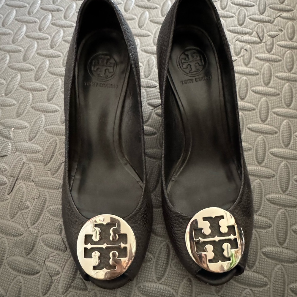 Tory Burch Black Heels with Gold Emblem